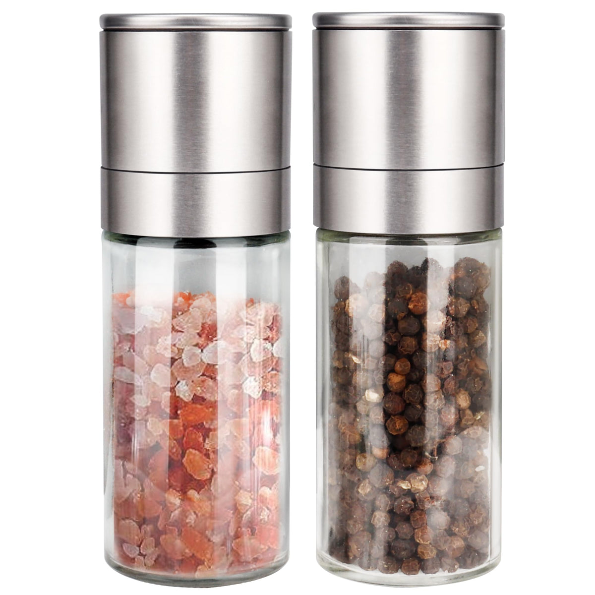 Gulex grinder set with clear glass body showing contents for easy refills