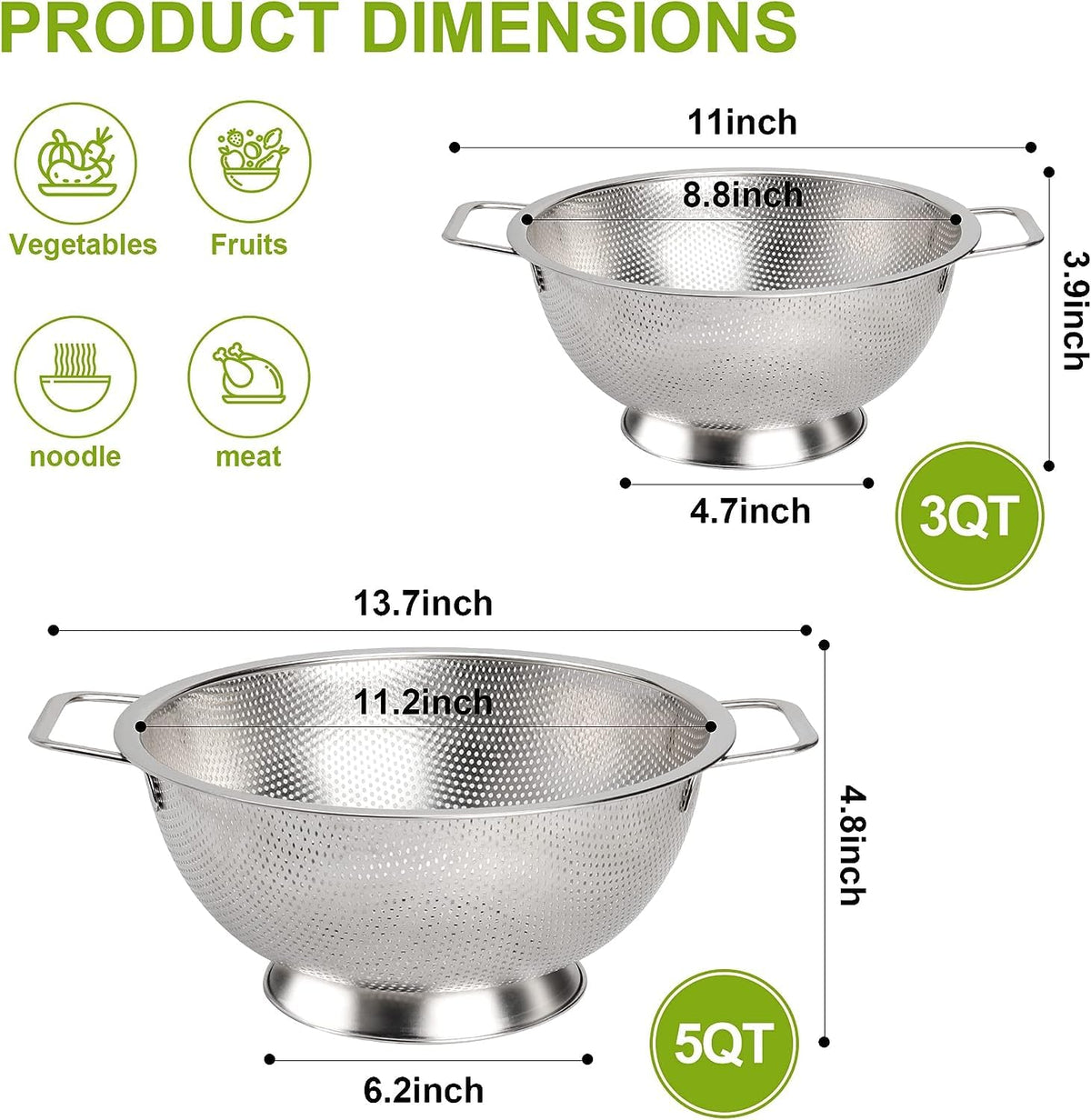 Gulex 3-quart stainless steel colander for versatile kitchen tasks.