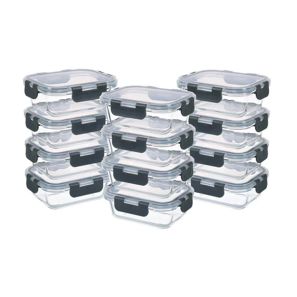 GULFLIN 24-piece glass storage set shown with clear lids for organized meal prep and fresh leftovers.