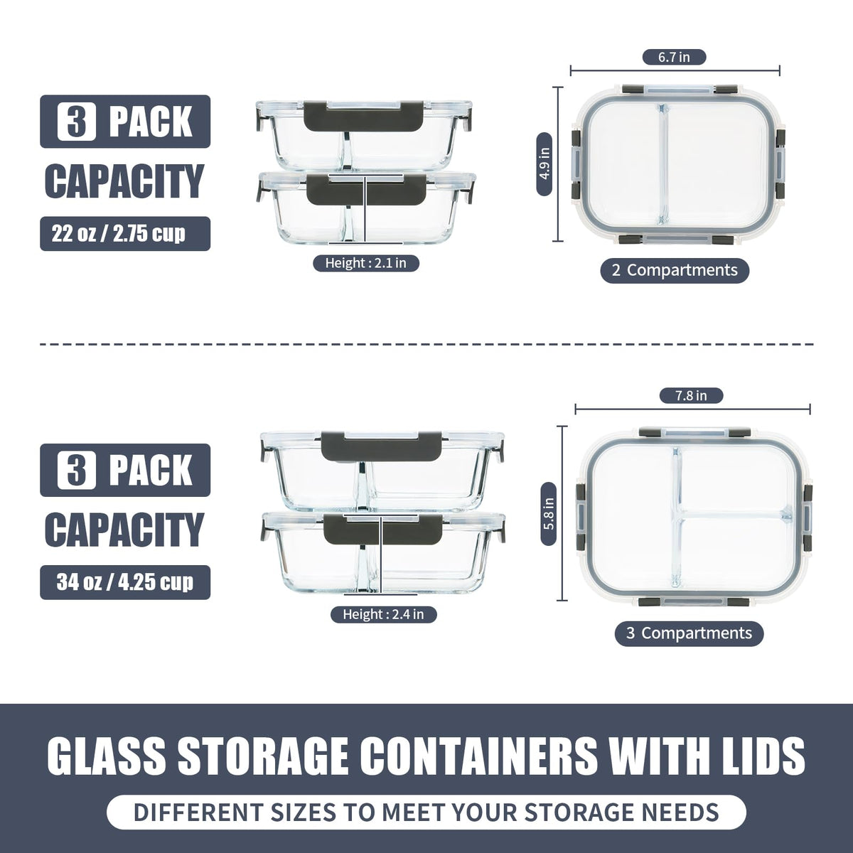 GULFLIN 3-compartment 34oz glass container ideal for meals and sides