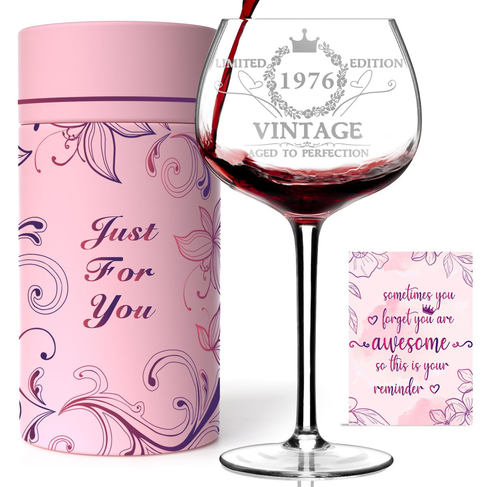 Gumry 50th wine glass vintage 1976 with clear engraving for milestone celebration.