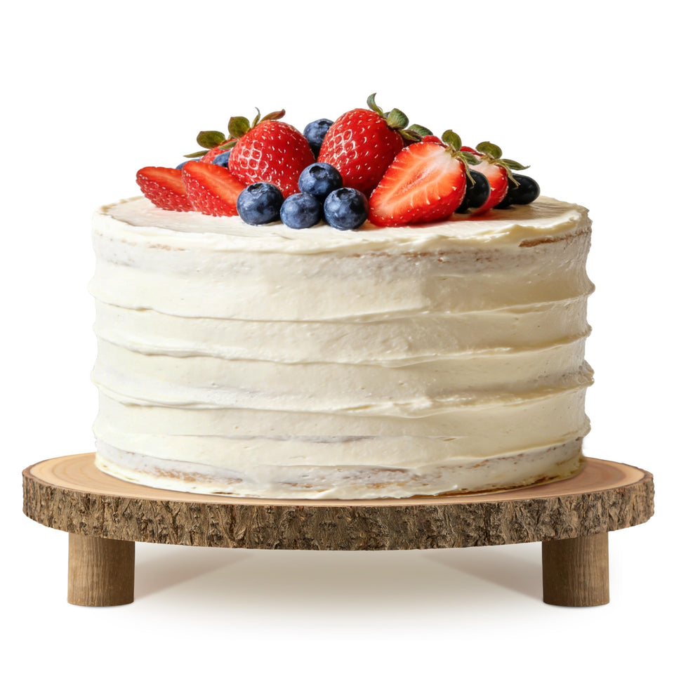 Gusnilo rustic wood cake stand with legs provides sturdy support for tiered desserts.