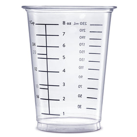 GUSTO 10 oz clear measuring cups with liquid and measurement marks for accurate pouring.