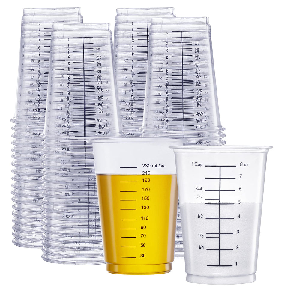 GUSTO 10 oz clear measuring cups main product shot showing clarity for precise measurement.
