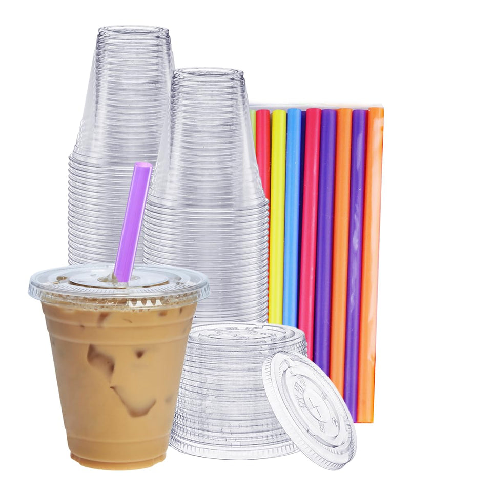 GUSTO 12oz clear cup with flat lid and straw for spill-free on-the-go beverages.
