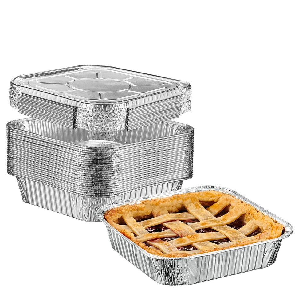 GUSTO 25-set 8x8 square foil pans with lids for organized prep.