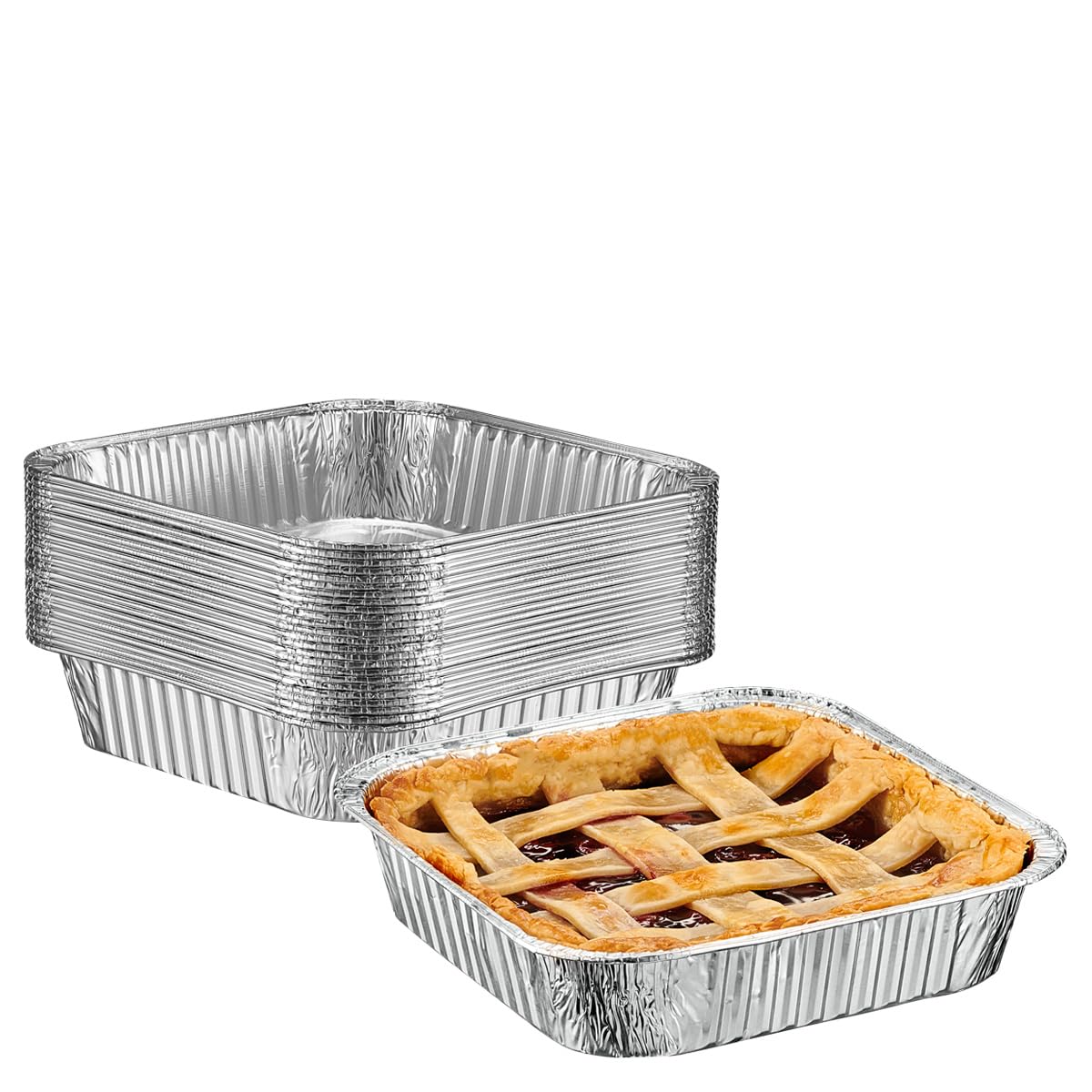 GUSTO 25-set 8-inch square foil pans ready for baking casseroles and desserts.