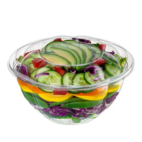 GUSTO 32 oz clear salad bowl with lid front view, ideal for easy takeout and display.