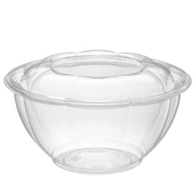 GUSTO 32 oz clear salad bowl with lid side view highlights sturdy construction and transport.