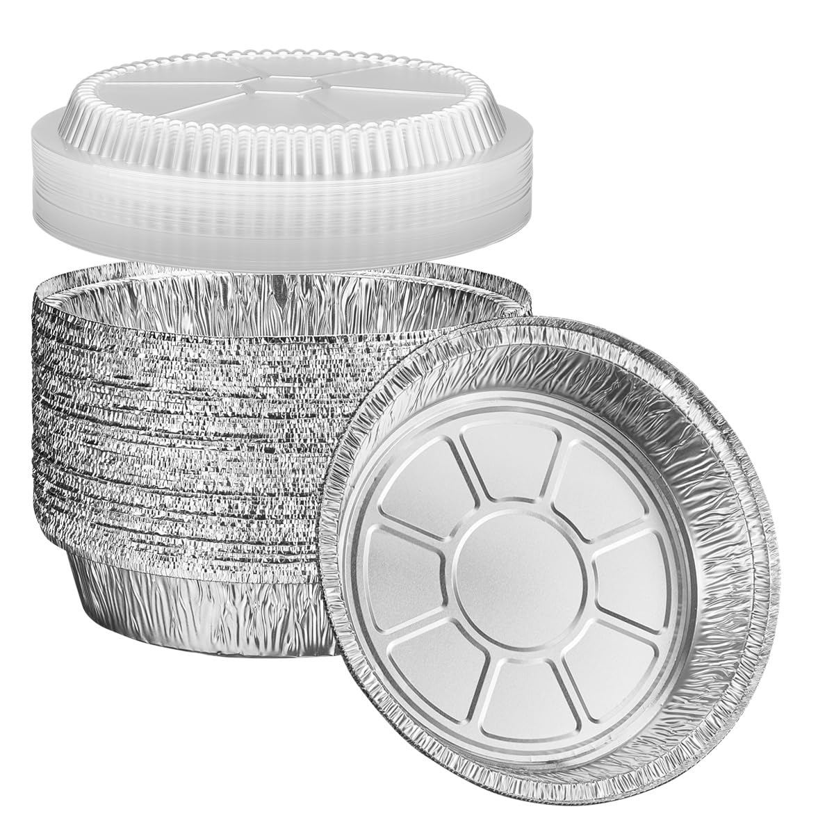GUSTO 50-count 9-inch round foil pans with dome lids, stacked for easy storage.