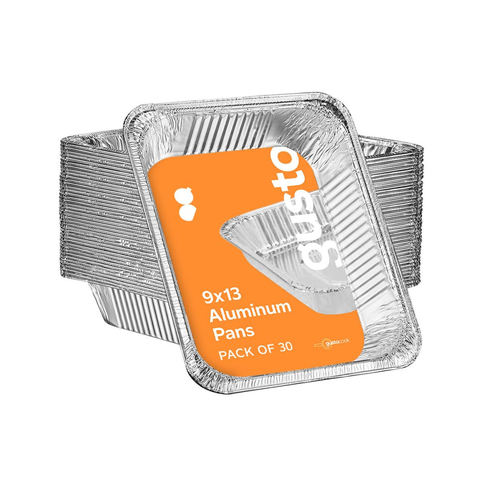 GUSTO half-size deep foil pans 9x13 inch for even cooking and easy serving.
