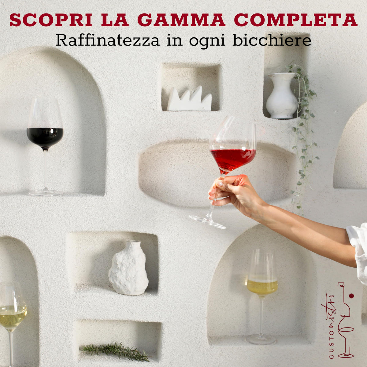 Gusto Nostro hand-blown wine glasses showcase artisanal clarity and refined presence.