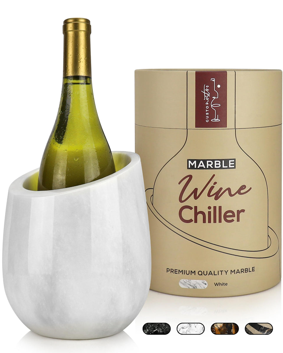 Gusto Nostro marble wine chiller on a counter keeps bottles cold and ready.
