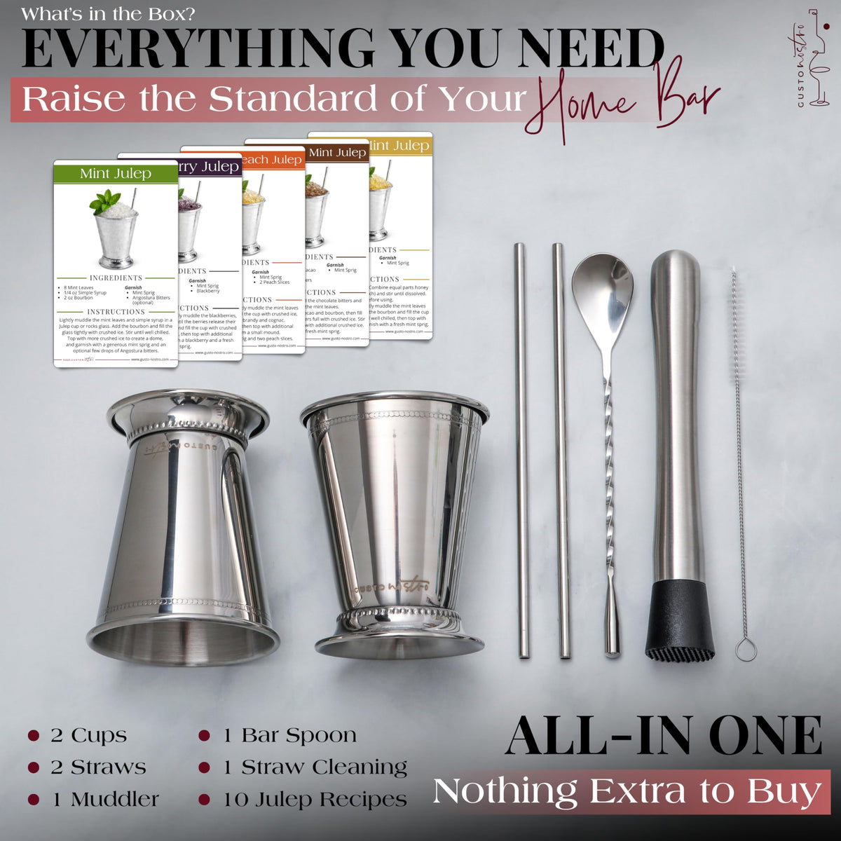 Gusto Nostro stainless steel straws and muddler for easy mixing