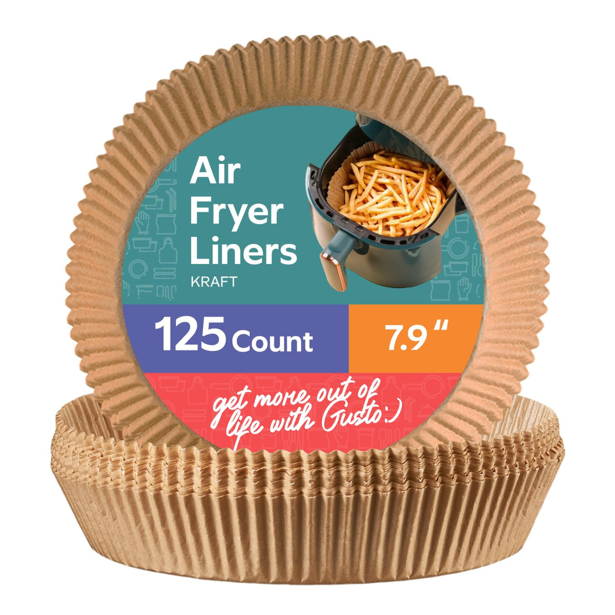 GUSTO round air fryer liner, 7-9 inches, 125-count, ready for quick, mess-free prep.