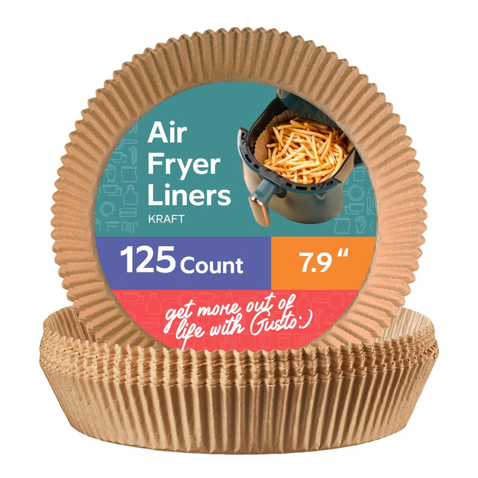 GUSTO round air fryer liner, 7-9 inches, 125-count, ready for quick, mess-free prep.