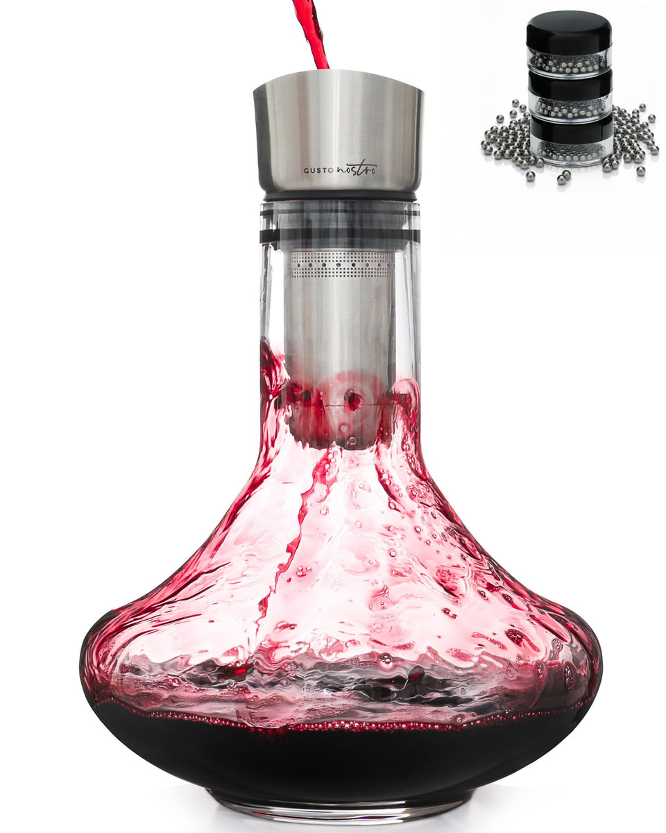 Gusto Nostro crystal wine decanter with elegant hand-blown design enhances table presence.