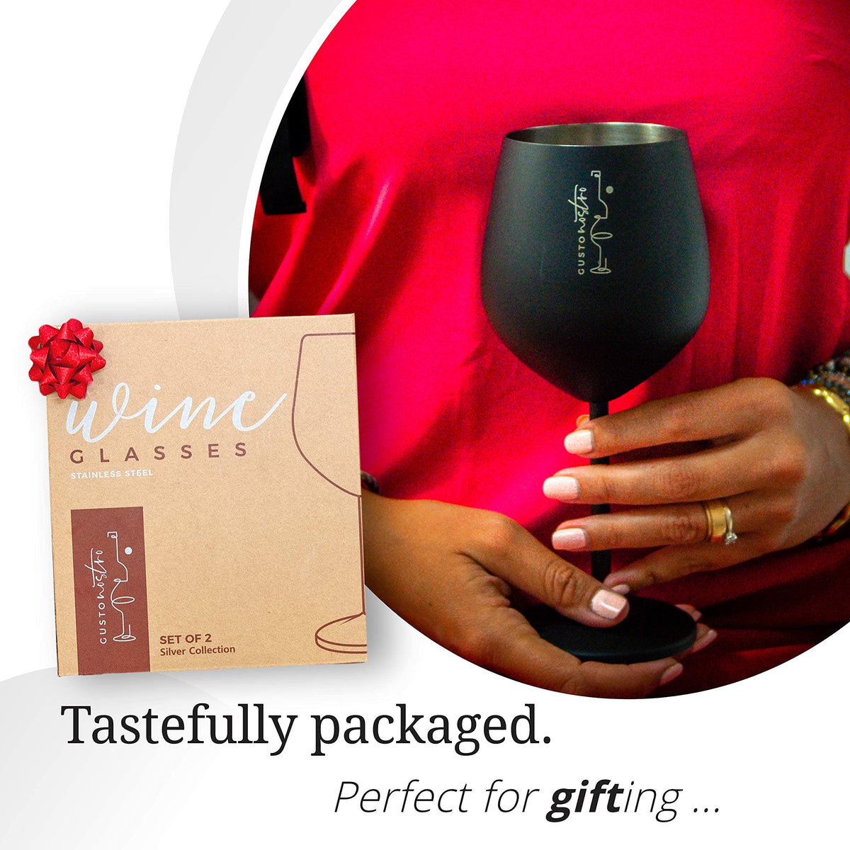 Gusto Nostro gift-packaged wine glasses, ideal for housewarmings or weddings.