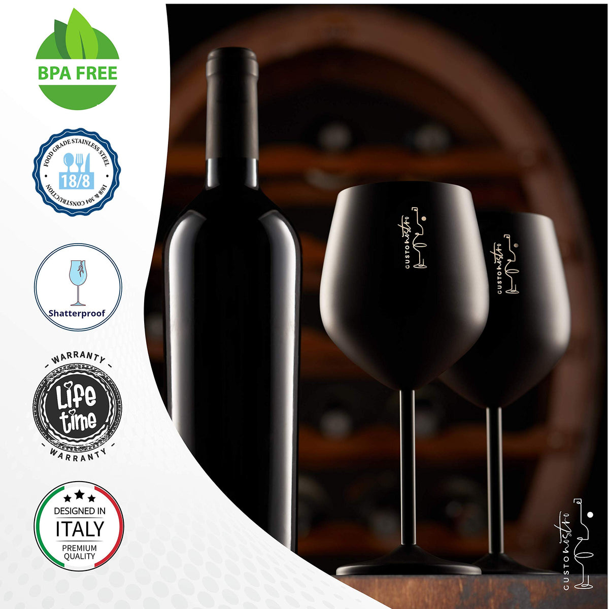 Gusto Nostro unbreakable metal wine glass in durable 304 stainless steel.