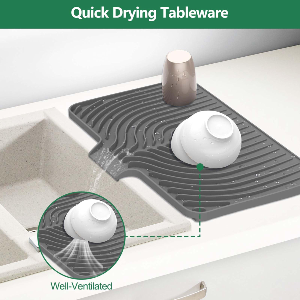 GUUKIN dish drying mat anti-slip surface stays steady and protects surfaces from heat.