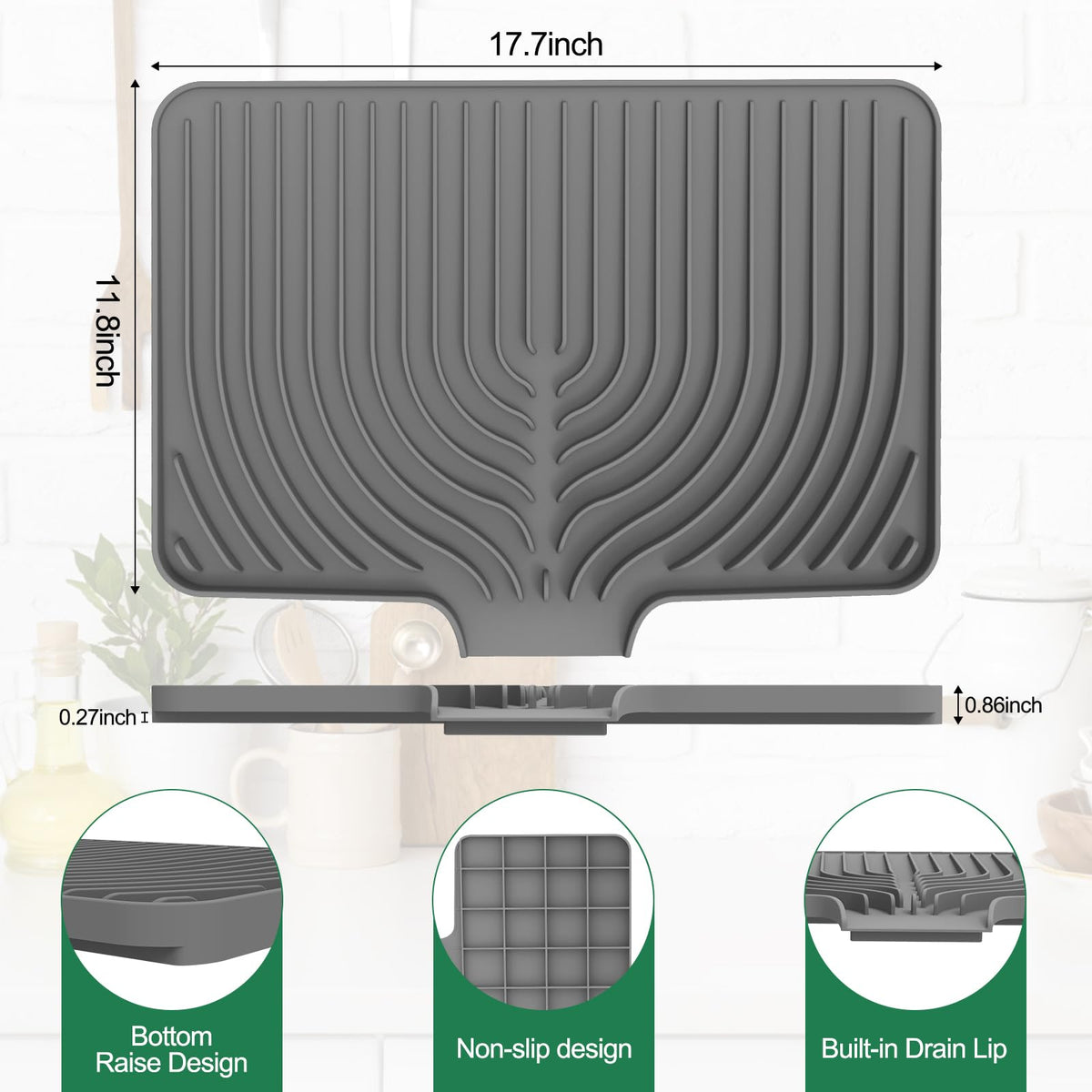 GUUKIN mat drain lip directs water to the sink, keeping counters dry.