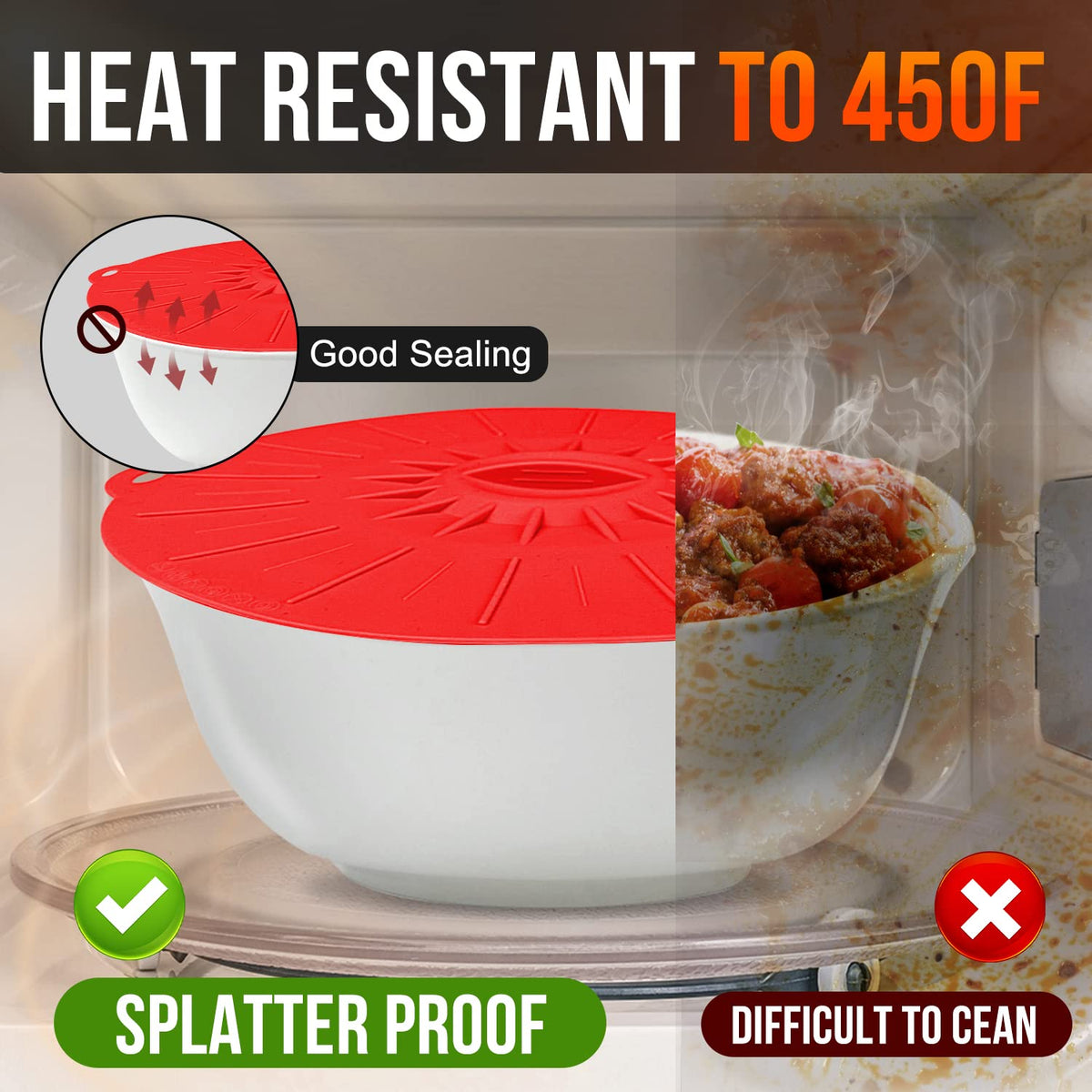 Guvvie silicone lids on pot show airtight seal and spill-free microwaving.