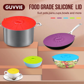 Guvvie silicone lids fit bowls and pans of five sizes for versatile cooking and storage.
