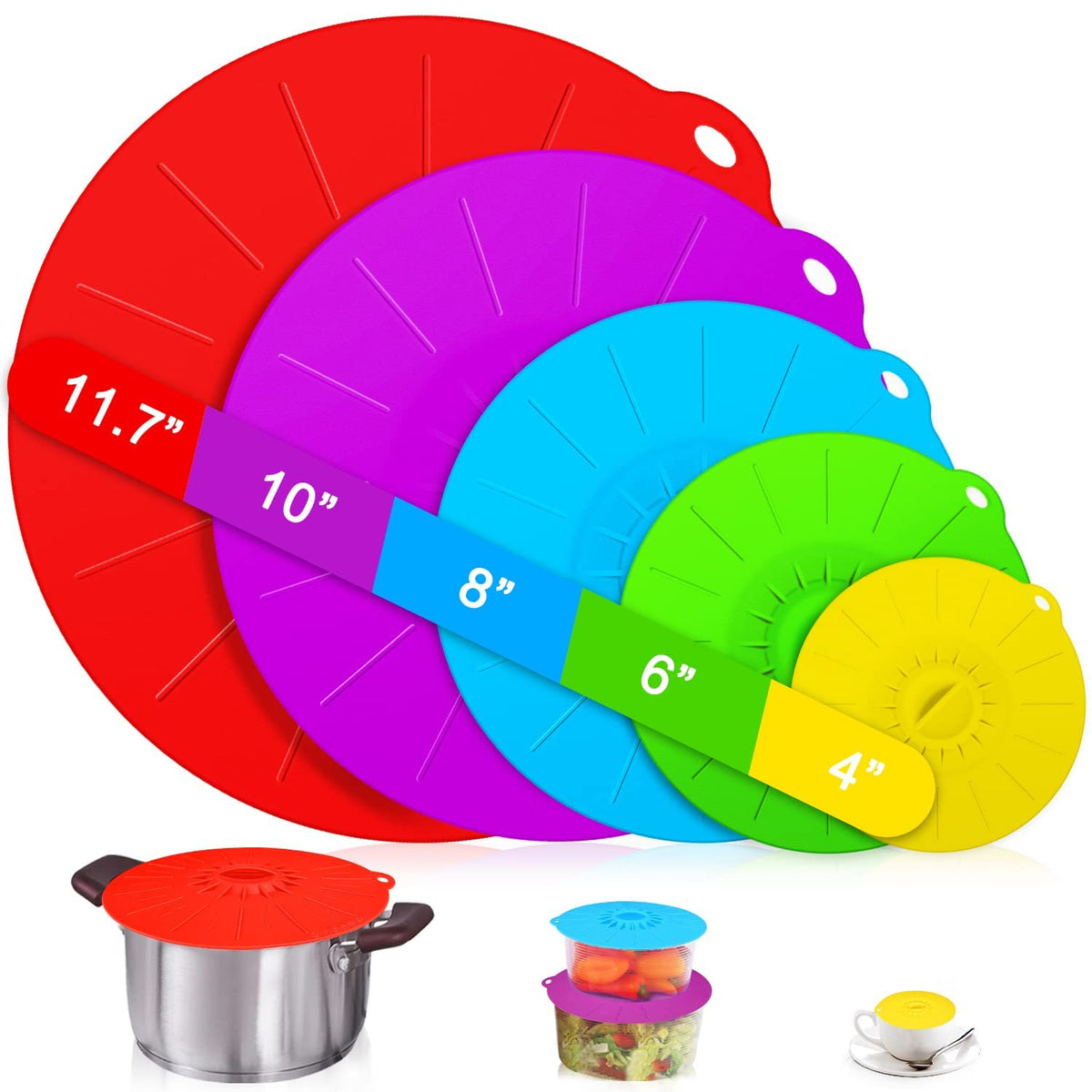 Guvvie silicone lids 5-pack heat-resistant microwave cover prevents splatter and easy cleaning.