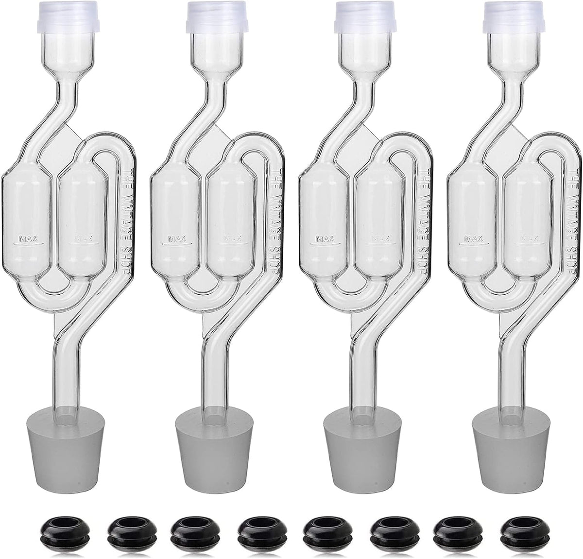 GUZE-US Bubble Airlock Set shows four clear airlocks for transparent fermentation monitoring.