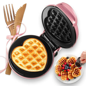 GVAKMM Mini Waffle Maker Heart pink creates cute heart waffles quickly.