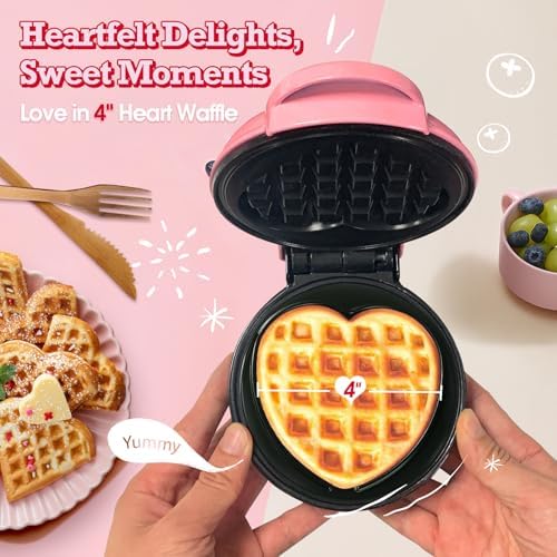GVAKMM Mini Waffle Maker Heart pink compact design for small kitchens and dorms.