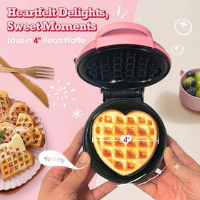 GVAKMM Mini Waffle Maker Heart pink compact design for small kitchens and dorms.