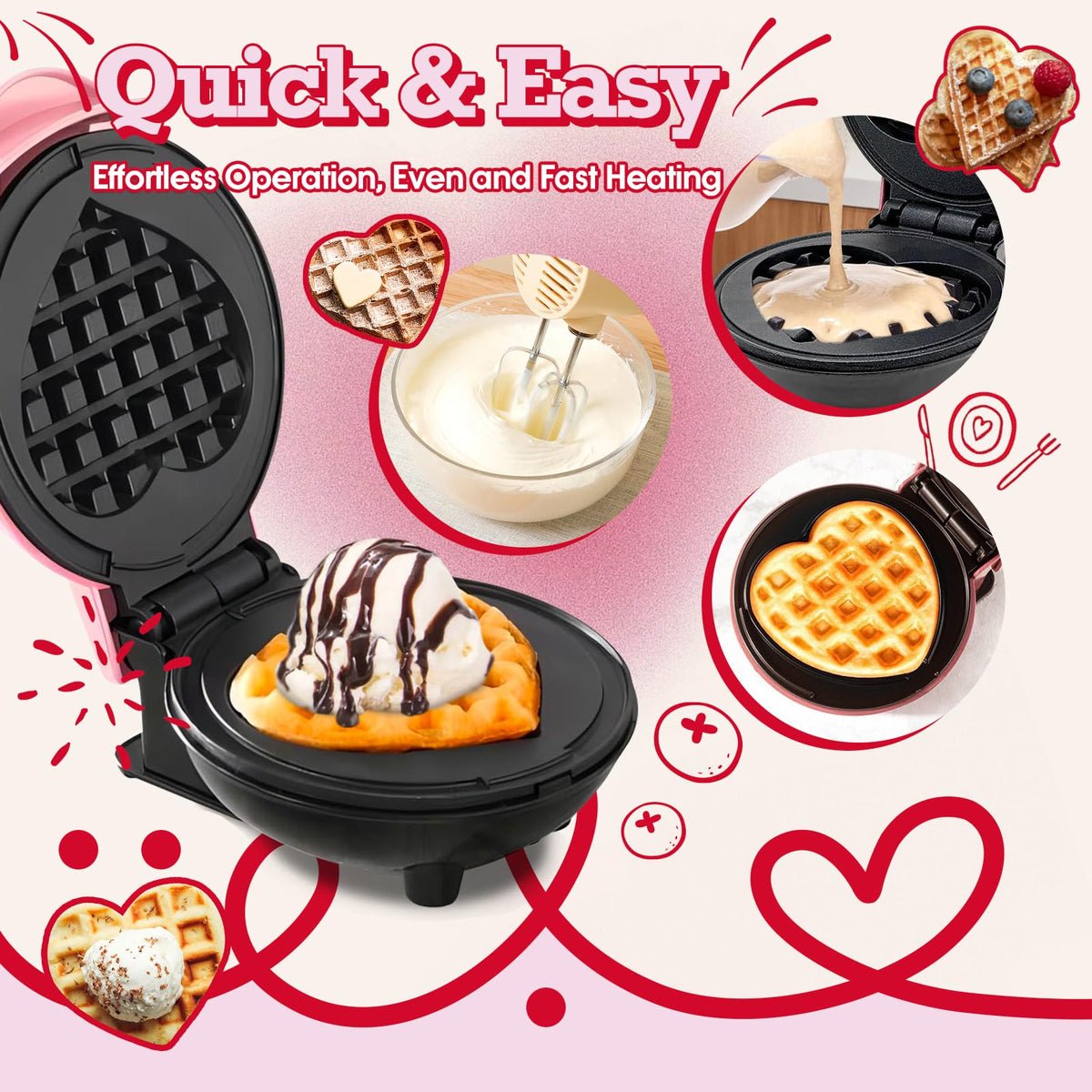 GVAKMM Mini Waffle Maker Heart pink features 4 inch nonstick plate for easy release.