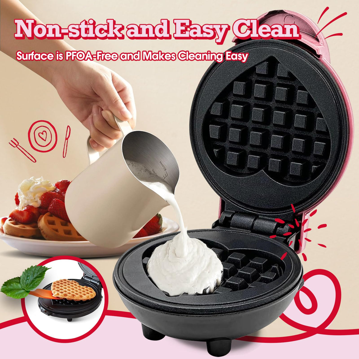 GVAKMM Mini Waffle Maker Heart pink uses green ready-light for fast prep.