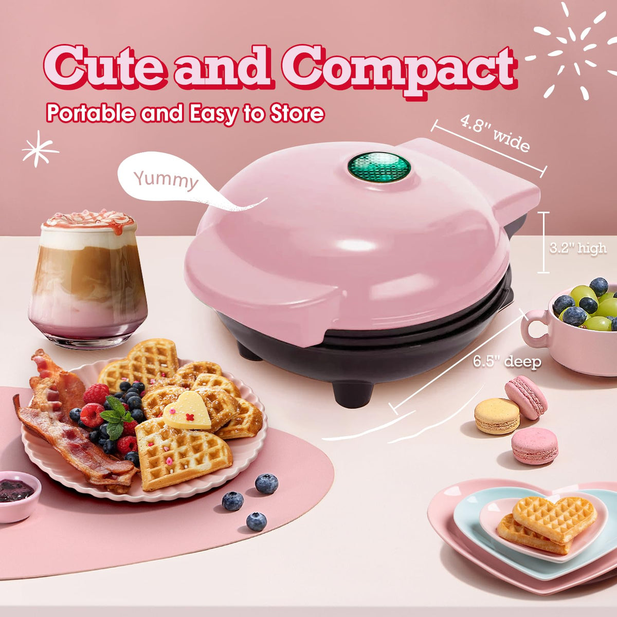 GVAKMM Mini Waffle Maker Heart pink includes eco-friendly bamboo cutlery for mess-free meals.