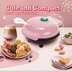 GVAKMM Mini Waffle Maker Heart pink includes eco-friendly bamboo cutlery for mess-free meals.