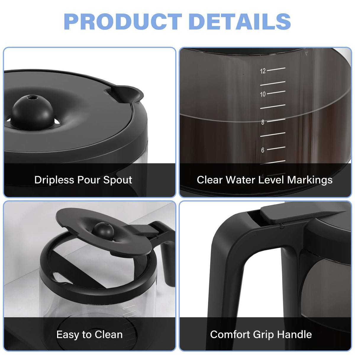 GVANIAMY 12-cup carafe, front view, heat-resistant glass for lasting performance.