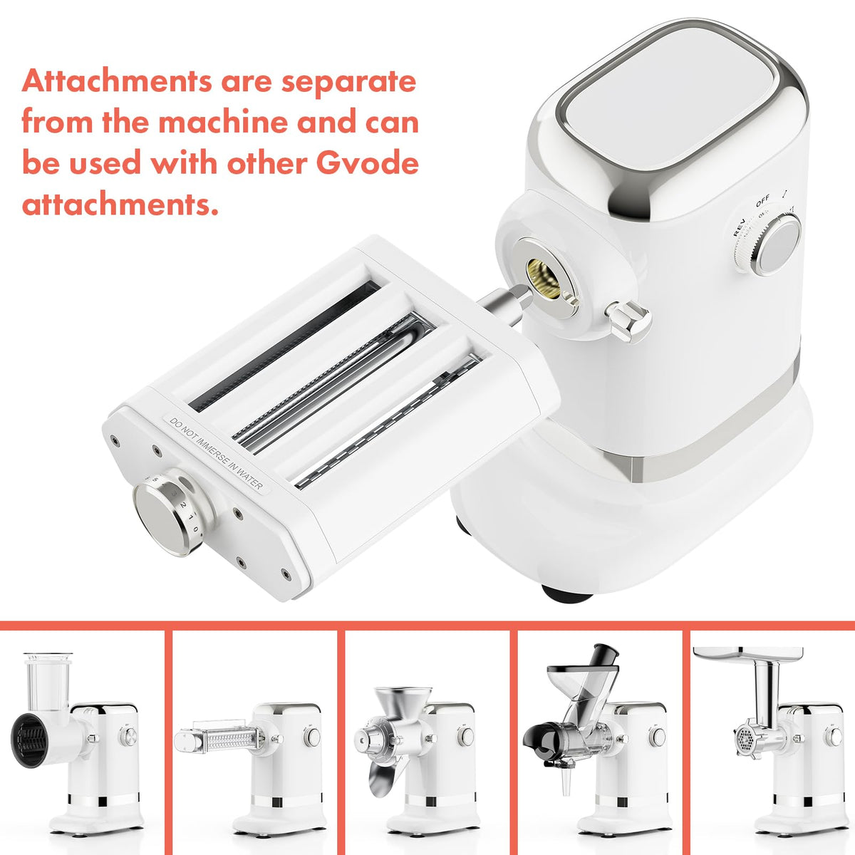 GVODE fettuccine and spaghetti cutter attachments for diverse fresh pasta options.