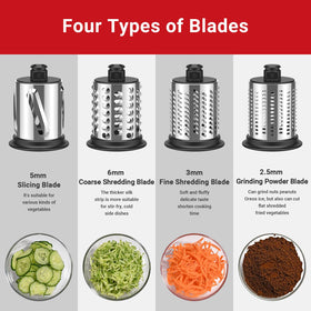 Four-blade setup enabling varied slicing, shredding, and grinding tasks.
