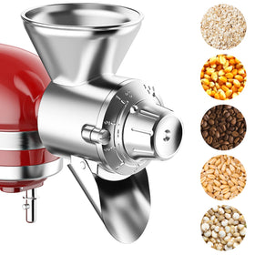 GVODE grain mill attachment on KitchenAid power hub for efficient grinding of various grains