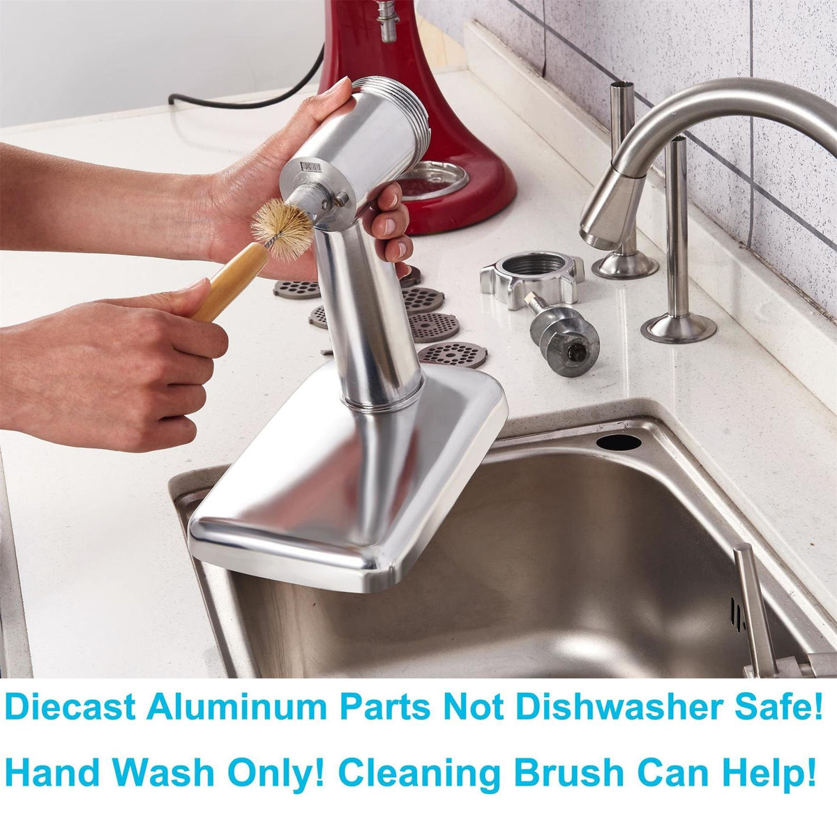 Cleaning brush and detachable tray shown for quick post-use cleanup