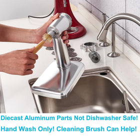 Cleaning brush and detachable tray shown for quick post-use cleanup