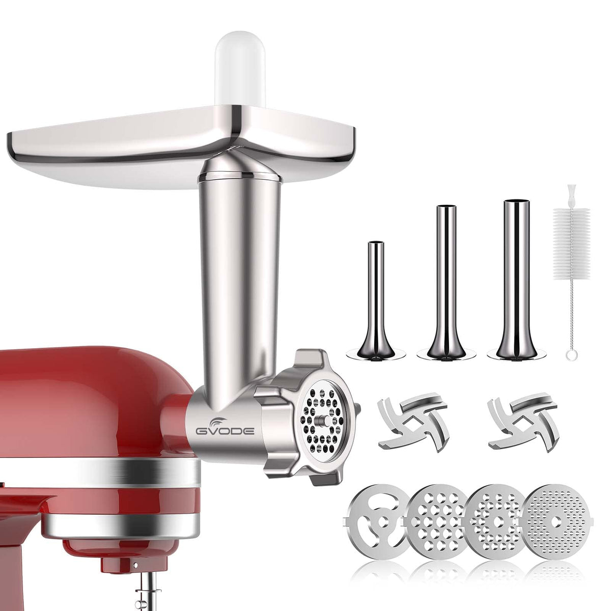 GVODE metal meat grinder attachment for KitchenAid – main view shows sturdy aluminum construction.