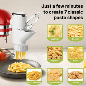 GVODE pasta press showing the built-in cutter and pusher for smooth dough flow.