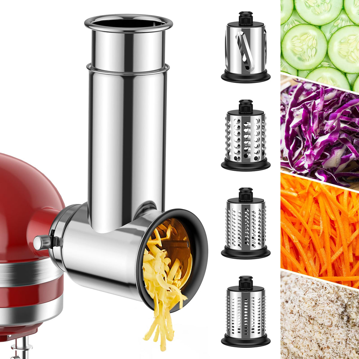 GVODE stainless steel cheese grater attachment for KitchenAid, ready for shredding and slicing.