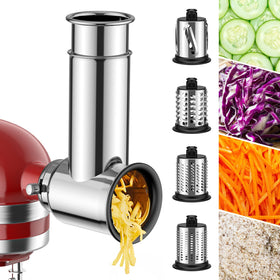 GVODE stainless steel cheese grater attachment for KitchenAid, ready for shredding and slicing.
