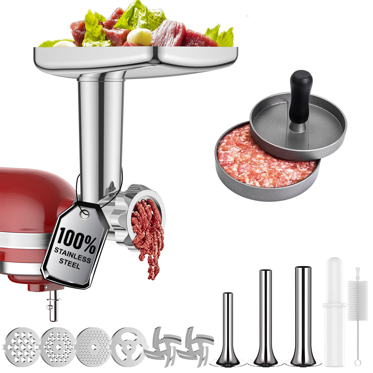 GVODE stainless steel meat grinder attachment for KitchenAid front view, durable grinding capability