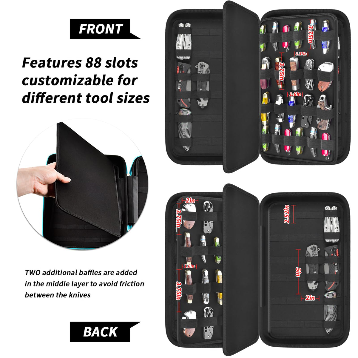 GWCASE four-sides knife storage layout with diverse blade slots neatly arranged
