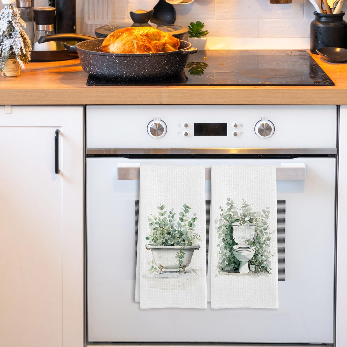 GWFSJYU sage green eucalyptus kitchen towels with botanical tea design, absorbent for cleanups.