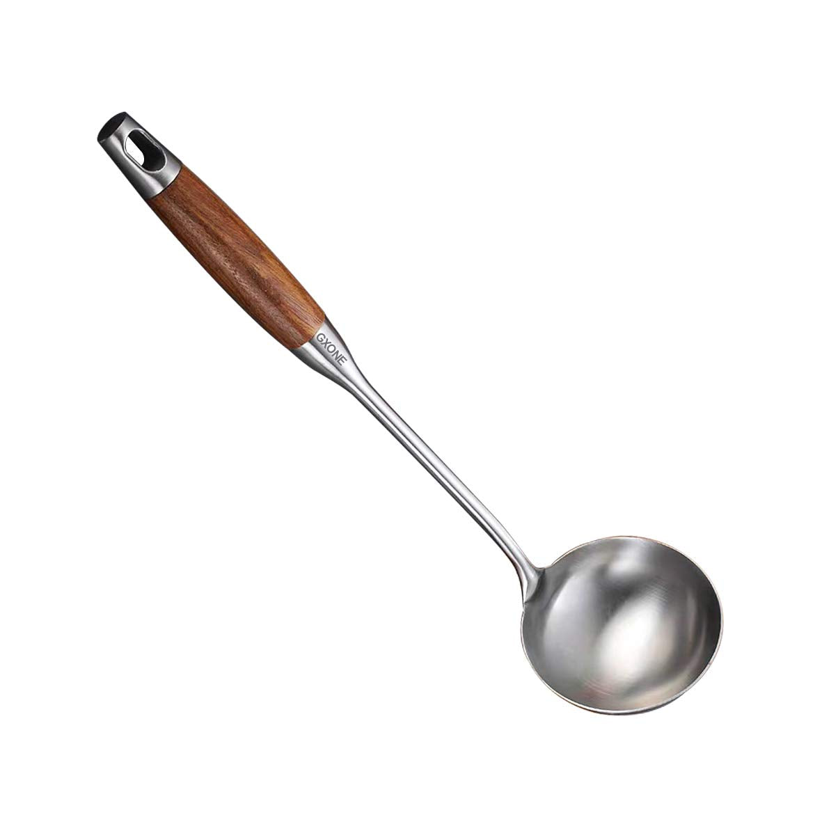 GXONE soup ladle with wooden handle for easy serving.